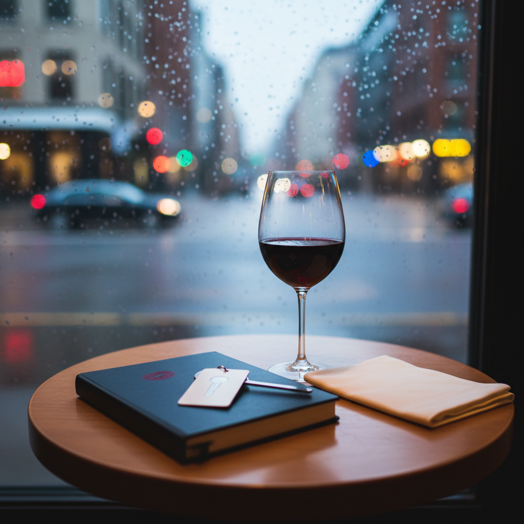 A small round café table beside a rain-speckled window holds a single stemless wine glass filled halfway with deep red wine, a square black notebook, and a neatly folded linen napkin. On the notebook’s cover rests a hotel key card and a lipstick-smeared cocktail stirrer, suggesting an unfinished story. Outside the window, the city is softly blurred into colorful evening bokeh—neon signs, car lights, and wet pavement glistening. Warm interior lighting contrasts with the cool, rainy twilight beyond, creating a sophisticated, slightly mischievous mood. Photographic realism, captured from a low, intimate angle with shallow depth of field, the composition leans on the rule of thirds, inviting the viewer into the charged pause between dating encounters and private reflection.