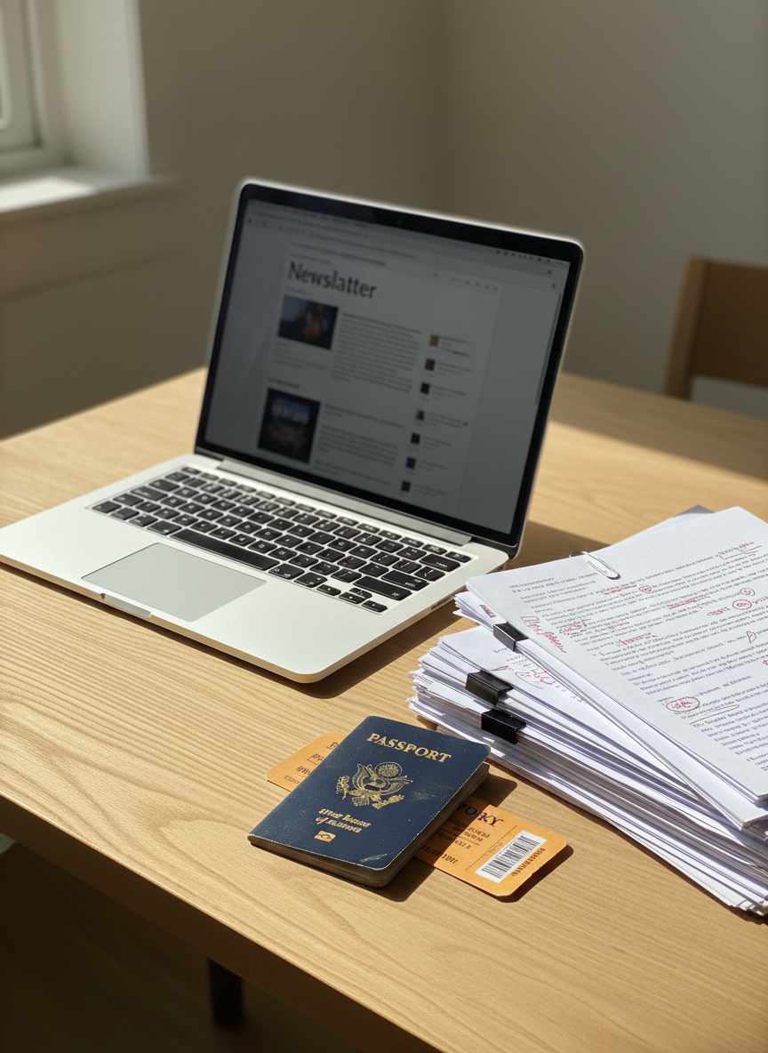 An open silver laptop sits on a clean oak table, its screen displaying a minimalist newsletter layout with a bold headline and a scattering of article previews, all out of focus enough to avoid legibility. Next to the laptop, a stack of printed essay drafts—some neatly clipped, others slightly skewed—shows red pen marks, circles, and question marks along the margins. A slim passport with a worn cover peeks from beneath the stack, and a subway ticket lies askew nearby. Late-morning window light falls diagonally across the table, casting crisp, intelligent shadows and creating a gentle sheen on the laptop’s metallic surface. Photographic realism, shot from a three-quarter angle with moderate depth of field, the mood is modern, ambitious, and cosmopolitan, subtly suggesting the link between the personal website and a Substack-based writing life.