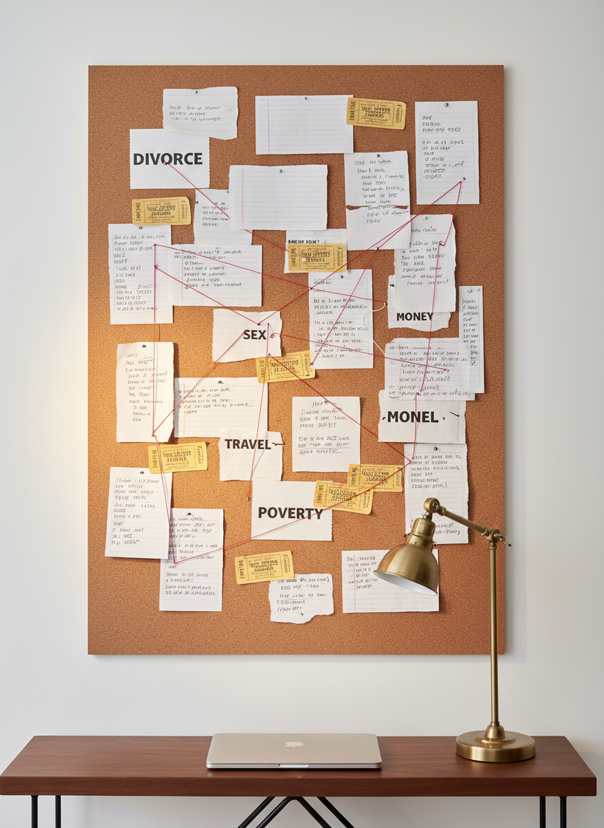 A minimalist corkboard fills the frame, pinned with overlapping index cards, yellowed ticket stubs, and torn pieces of paper, each covered in typed and handwritten fragments about love, money, travel, and heartbreak. A thin red thread connects several notes labeled with bold words like “divorce,” “sex,” and “poverty,” forming an almost map-like pattern. The board hangs on a smooth white wall above a sleek walnut console table holding a single, closed laptop and a small brass desk lamp. Warm, directional lamplight creates dramatic side lighting, emphasizing texture in the paper and casting crisp, thoughtful shadows. Photographic realism, shot straight-on with sharp focus throughout, the mood is smart, slightly playful, and analytical, suggesting a sophisticated mind mapping complex human relationships.