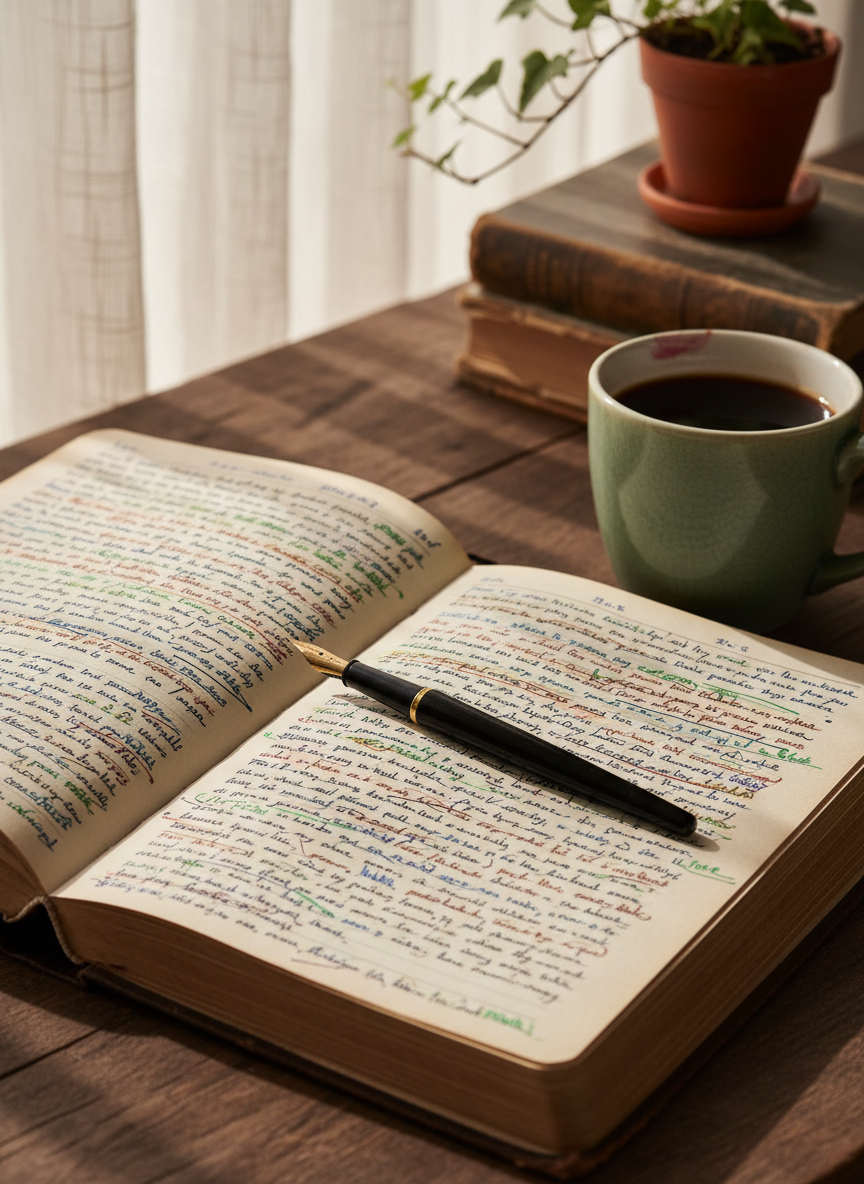 A well-worn hardcover notebook lies open on an antique wooden desk, its creamy pages filled with looping handwritten sentences, crossed-out phrases, and margin notes in different ink colors. A slim black fountain pen with a gleaming gold nib rests diagonally across the center crease. Beside it, a heavy ceramic mug with a subtle celadon glaze shows a faint lipstick edge, half-full with dark coffee. Soft morning light filters through sheer curtains, creating gentle highlights on the pen and casting long, quiet shadows across the page. In the blurred background, stacked paperbacks and a small potted ivy suggest a thoughtful writer’s corner. Photographic realism, shot at eye level with a shallow depth of field, intimate and contemplative, evoking the private work of crafting personal essays.